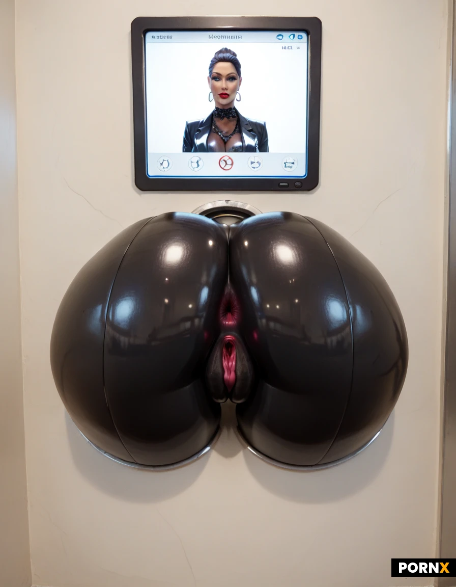 perfect body, round hips, curvy waist, huge ass, fat ass, dark hospital lighting, artificial ass, sex mount, cameltoe pussy, fat pussy lips, through wall, ass through wall, metallic shiny latex bodysuit, latex bodysuit, ass covered in latex bodysuit, sex robot, mechanical, machine, mechanical pussy, robotic pussy, robopussy