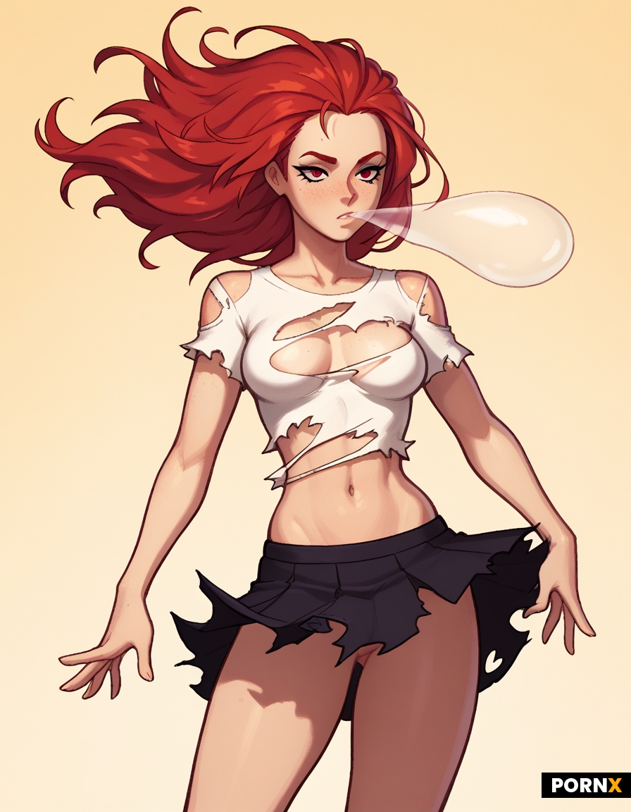 Skinny red haired woman with freckles