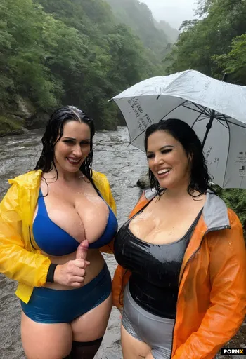 Two 20 years old women standing on a rock by the river