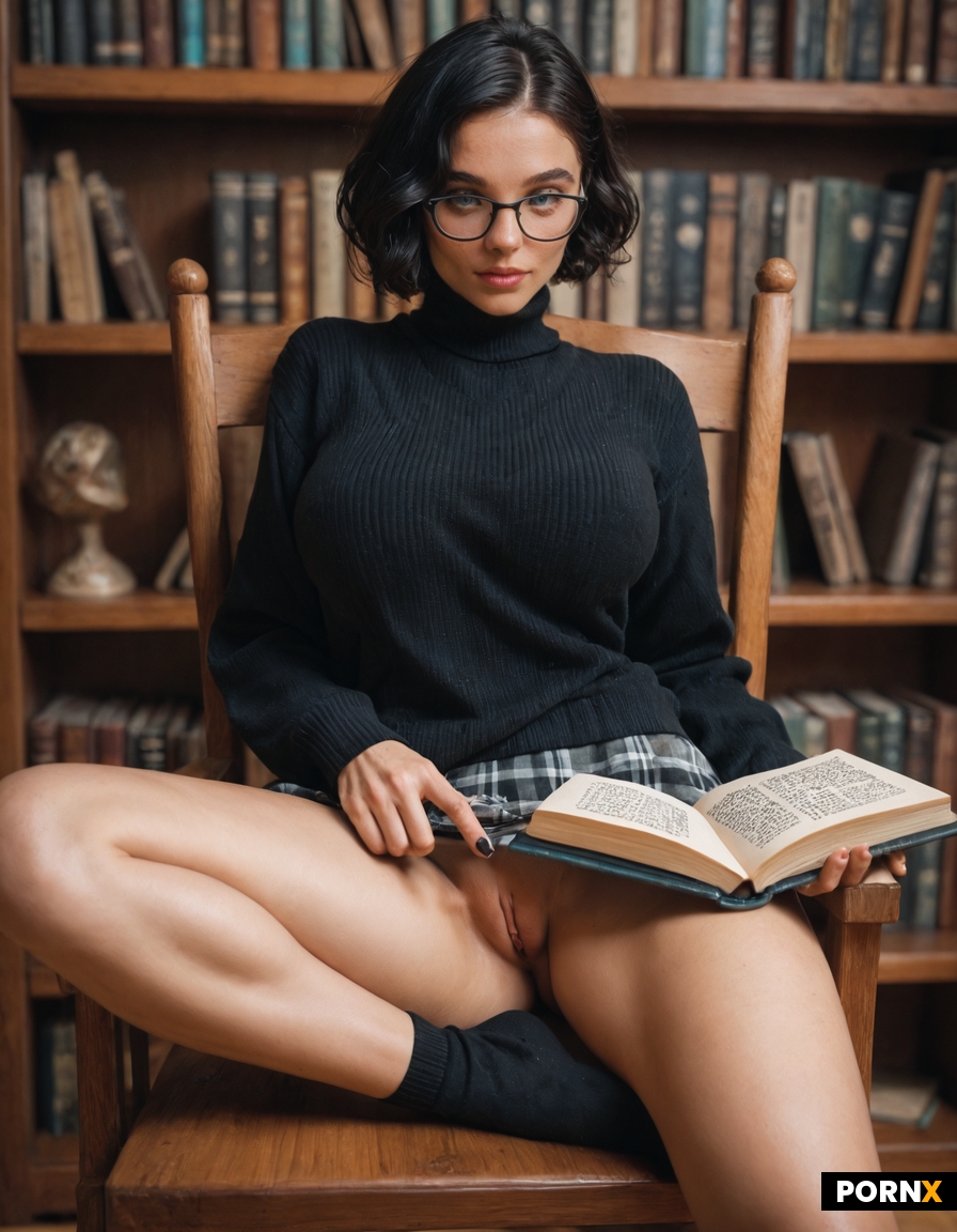 Cute bookish woman with freckles curled up with a book in a big overstuffed leather chair at a libra