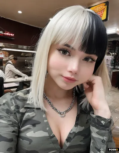 19y wearing a long sleeve gray low-cut shirt and a short camo skirt