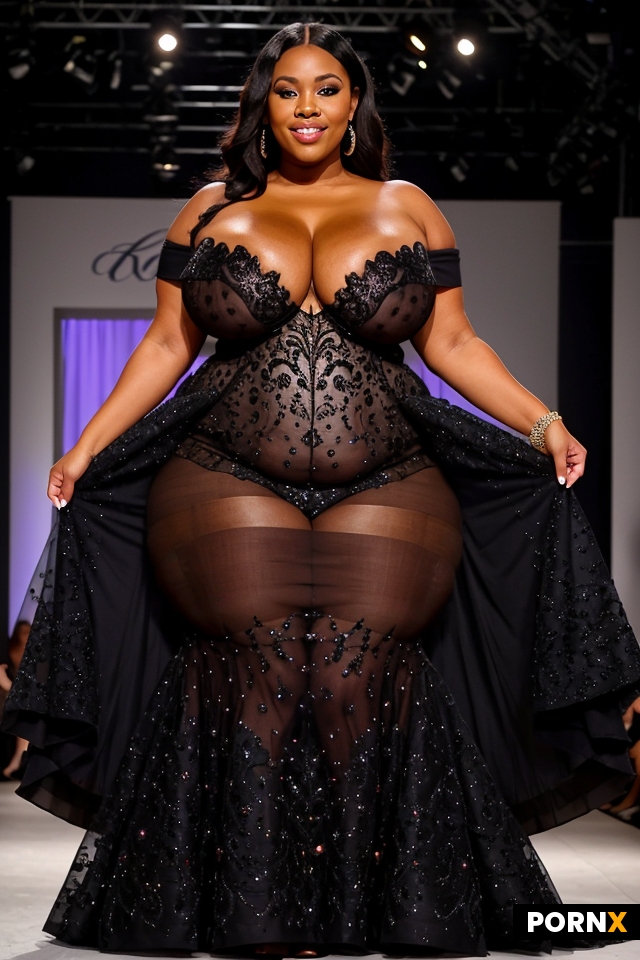 black bbw milf pornstar wearing expensive dress posing on fashion runway