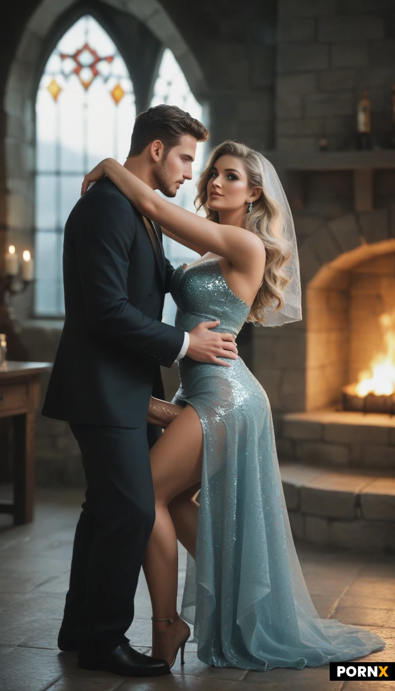 (couple fucking:1.5), In a dimly lit high-fantasy tavern the candle-glow flickers against a stone fireplace as floating crystals pulse with soft light, while gentle sunlight rays filter through a hazy veil, casting ethereal rim lighting over the scene. A seductive undead elf with long wavy blonde hair, pointed ears, glowing eyes, and a silver diadem leans provocatively on the polished bar, her curvaceous, smooth-skinned body wrapped in an ornate silk-and-lace dress that clings to her enhanced fake breasts and huge, revealing bust, exposing underboobs, a delicate belly button ring, and body jewelry that catches the glimmer of the fire. She sits with one leg raised and split wide, hips arched, a mysterious smile playing on her lips as a massive, erect penis slides deep inside her, the camera positioned at a male point-of-view close-up with shallow depth of field that emphasizes the wet, dewy look of her pussy, the fit ass, and the rhythmic rise of both bodies as she moans. The composition is framed tightly, soft fog curling around the couple, the glow effect highlighting every curve, creating a vivid, erotic fantasy tableau.