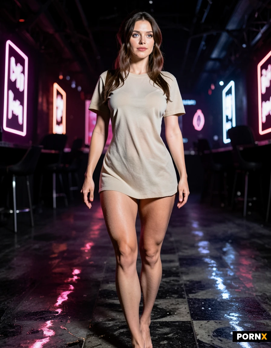 masterpiece, best_quality, highres, absurdres, wearing only wet t-shirt, white t-shirt, transparent, naked, red_lipstick, dark_eyeshadow, walking, full_body, walking, confident, smirking, nightclub, dim_lighting, smoky, atmospheric, dark_shadows, neon_lights, dance_floor, cinematic, rim_light, motion_blur