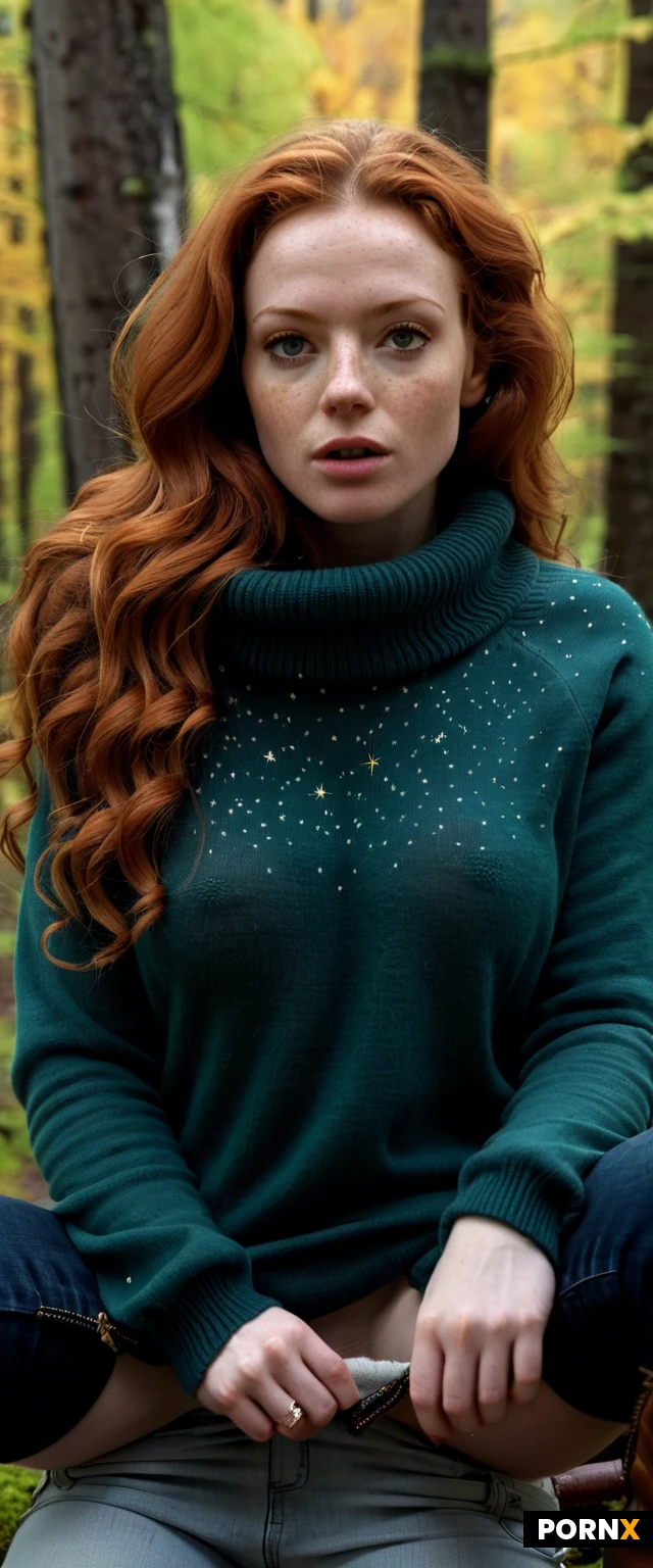 Photorealism. Cinematic lighting. Dynamic closeup portrait POV.
Dark night. Black sky. Stars. Cabin in the woods. Autumn trees.
Gorgeous Ginger Scottish Woman. Long curly ginger hair. Pretty cute highly detailed horny face. Freckles. Bright green eyes. Sharp nose. Narrow jaw. Skinny athletic fit. Medium perky breasts. White cozy sweater. Blue jeans. Brown boots with the fur. Brown coat. Hot chocolate.