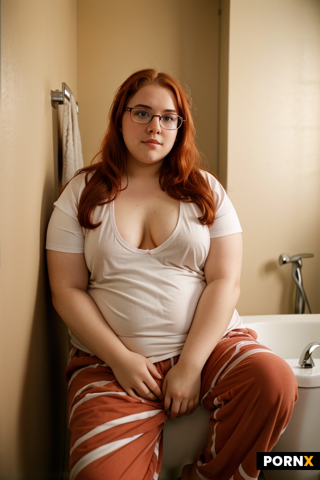18 year old obese dropout with auburn hair and wearing glasses and pyjamas masturbating in the bathr