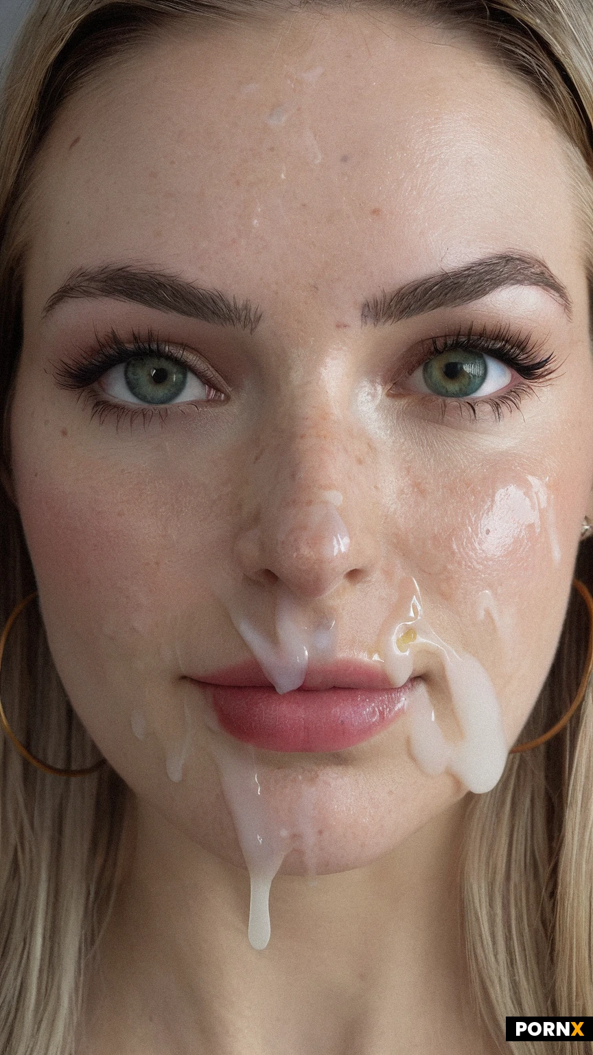 A lot of cum on her face. 21yo german model,, Cumcovered face. Huge facial cumshots. smooth fair skin with freckles, realistic soft skin texture, long straight blonde hair, soft round face, green eyes, defined eyebrows, long eyelashes, glossy lips with soft smile, septum nose ring, small gold hoop earring, soft natural daylight, photorealistic, highly detailed skin pores and facial features, sharp focus, 8k, masterpiece, best quality, voluptious