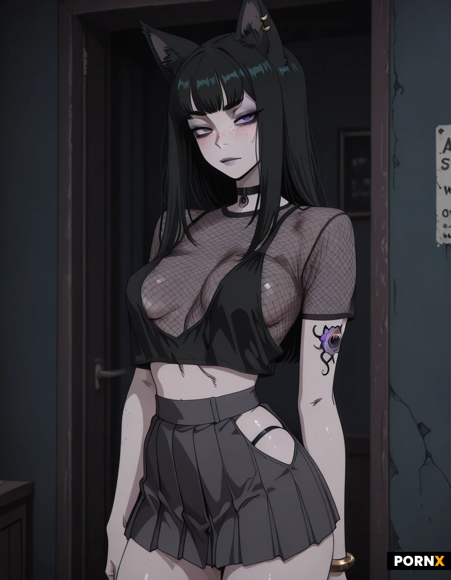 Cute, freckles, pretty face, freckles, slim body, medium brests, gothgirl, catgirl, piercing, tattoo, (prostitute:1.4), pleated microskirt, black thong, mesh shirt, flitring with client, at night