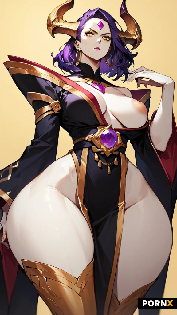 One woman, (white skin), standing, serious face, golden horns, black and purple hair, medium hair, straight hair, middle part hair, small purple gem in forehead, golden eyes, long eyelashes, pink lipstick, medium breasts, (Huge areolas:1.2), skinny, (wide hips:1.4), (massive ass:1.4), black hoop earrings, black gem on chest, Black shoulder-less Kimono, golden scales on neck, thigh high golden boots with white accessories, view from below