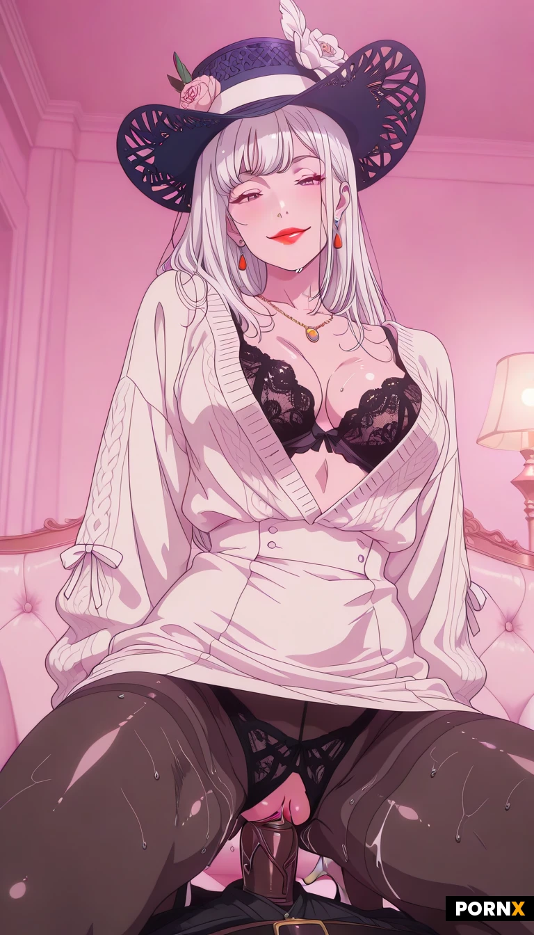 high definition, super realistic, pretty woman, 30s, pretty face, short white hair, elegant necklace, elegant long earring, red lip, milk_ white oversized buttoned cardigan, lace bra, bright dress with flower patton, thin dark pantyhose, high heels, fascinator hat with white ribbon, lusty smiling to viewer, cowgirl position sit on cock, POV vagina penetration, wet vagina, wet cock, background, livingroom sofa, stand lamp, detailed face, detailed clothing