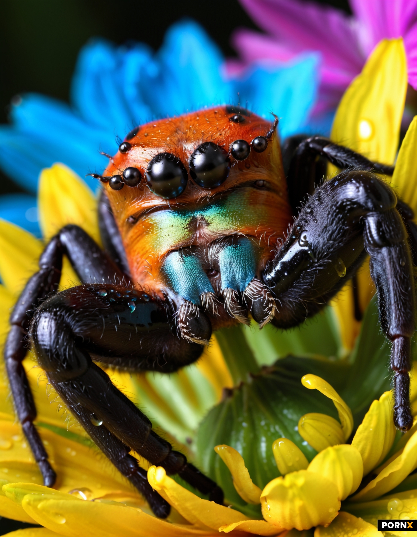 Close-up macro photography of a psychedelic jumping spider on a colorful flower
