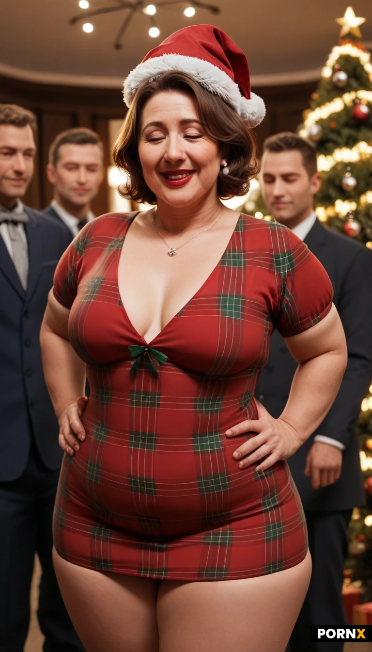 masterpiece, best quality, highres, absurdres, bust-up_view,1girl, multiple_males,chubby_short_stack_mom,mature,beautiful face,pale skin,brunette_hair,wavy short hair,chubby arms,chubby wrists,huge boobs,wide hips,chubby ass,chubby thighs,red plaid dress,collared dress,short sleeves,Santa hat,Christmas tree,string lights,office Christmas party,lipstick, open_mouth, closed_eyes, shy_smile, standing,hands on hips ,detailed shading,warm_lighting,crowd of fit _men in suits,