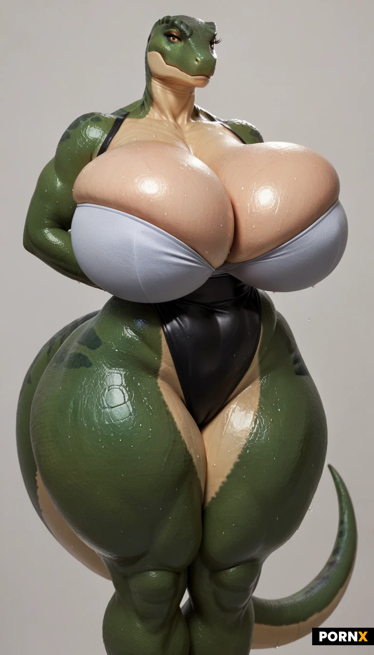 (furry reptile:1.5),(reptile skin texture and coloring:1.5), tail, ((big breasts:3.0)),enormous thigh,curvy body,enormous hip,thick thighs,(big ass:1.2),enormous ass,curvy body,(sweaty:1.8), sexy hot adventurer outfit,