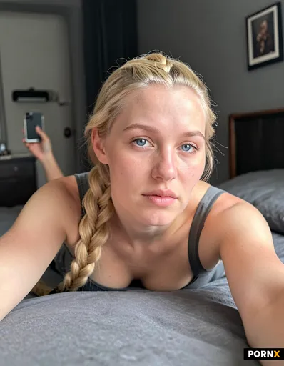 Photorealistic iPhone selfie snapshot of a 20-year-old woman lying on her stomach on a bed