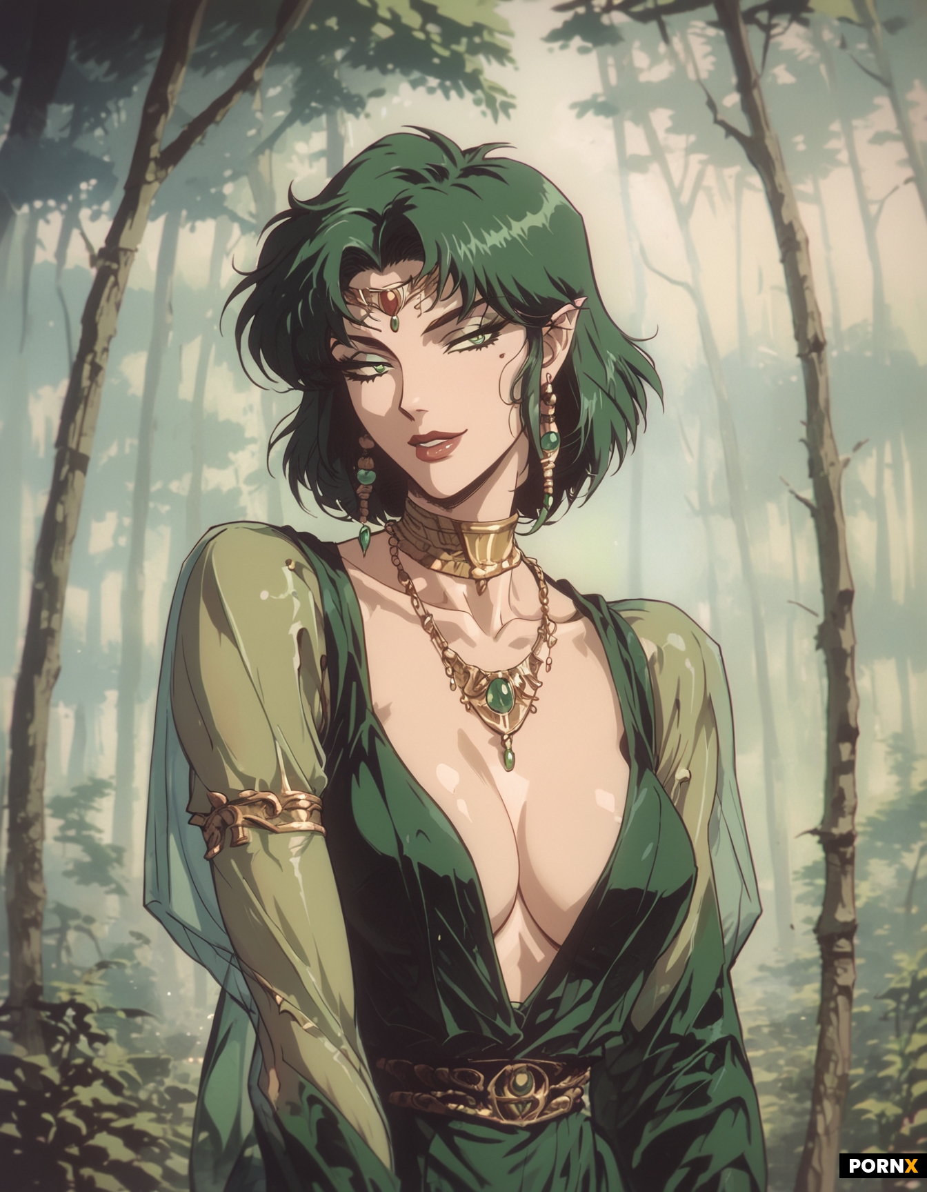 beautiful green short hair druid with green eyes