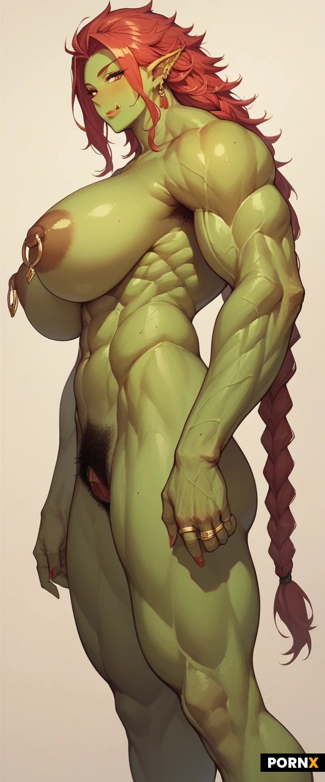 High definition, anime
side view,1Orc woman,cute face,(muscle mommy:1.5),red braid, huge breasts, large gold nipple rings, naked,
orc woman standing, spreading hairy pussy
