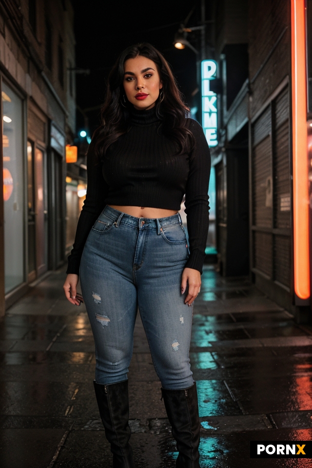 Woman in black suede boots with bow jeans and white sweater standing in an alley with bright red lip