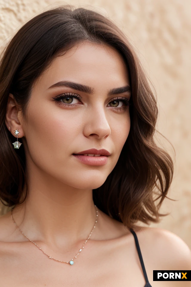 Ultra-realistic vertical close-up beauty portrait of an adult woman, photographed from a low angle. Her head is tipped back slightly, chin raised, looking down into the camera with a calm, confident, subtly sensual expression. Tight crop from the top of her hair to below the collarbones; bare shoulders visible.
Warm light-tan complexion, oval face, high cheekbones, softly defined jaw, straight refined nose, full glossy nude-pink lips slightly parted with a small glimpse of upper teeth. Eyes are pale green-gray with a darker gray-green outer ring, light reflective catchlights, and almond-shaped lids: slightly hooded, gently upturned outer corners, half-lidded gaze. Full dark-brown naturally feathered brows with a soft arch. Taupe-brown eyeshadow, slim black upper eyeliner with a modest outer wing, softly defined lower lash line, separated dark lashes.
Long chestnut-brown hair with subtle caramel highlights, deep side part, voluminous loose waves, airy flyaway strands. Small round diamond stud earring visible on the right ear.
Warm soft frontal beauty lighting, delicate shadows under the nose, chin, jaw and neck; subtle natural sheen on lips and skin. Plain warm cream-beige wall background, softly out of focus. High-end editorial beauty photograph, DSLR realism, 85mm portrait lens, f/2.2, shallow depth of field, sharp eyes and lips, warm neutral colour tone.
Negative: full-tooth smile, red lipstick, heavy smoky eye, oversized false lashes, plastic skin, harsh flash, blue light, large jewelry, necklace, straps, hands, busy background, text, watermark, CGI, illustration, distorted anatomy, duplicate features.