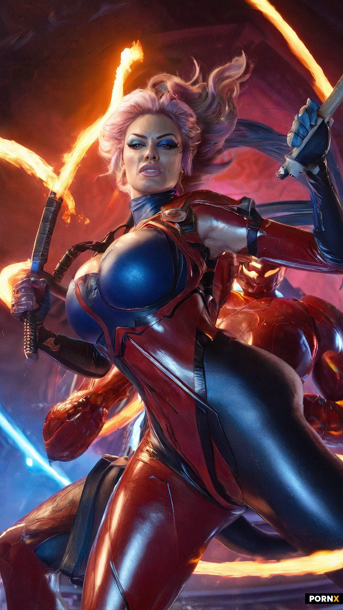 Two muscular adult women in their late twenties, one with shaved sides and long wild hair, the other with sleek jet-black curls, glare fierce and teeth bared, bodies twisted in a dynamic mid-air clash. The first dons a skimpy leather harness exposing her sculpted ribcage, thigh-high leather boots, and wields a flaming chain that arcs through the air, while the second is clad in a tight crimson latex bodysuit with strategic cut-outs revealing slick, sweat-glazed skin, gripping a glowing katana poised to strike. Neon-lit hexagonal arena walls pulse with electric blues and reds, soft rim lighting outlines their toned torsos and rippling muscles, a low-angle camera captures the competitive impact with shallow depth of field blurring a cheering crowd in the background. Rendered in hyper-realistic digital painting style, ultra-sharp focus on skin texture and weapon details, with high contrast and cinematic lighting for maximum visual intensity.