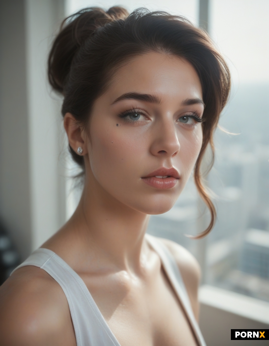 A gorgeous woman with light black hair tied in a ponytail is depicted in a three-quarter view