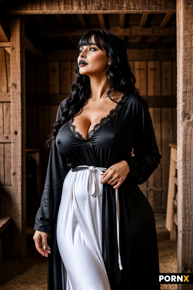 two womens.WOMEN 1: 32 years old milf.long black hair with bangs.black lipstick.voluptuous and curvy body.long white nightgown. WOMEN 2:32-year-old MILF.wavy black hair.black medieval peasant clothing.voluptuous body. Black lipstick.in a barn