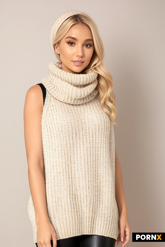 rough sleeveless oversized rib knit turtleneck sweater