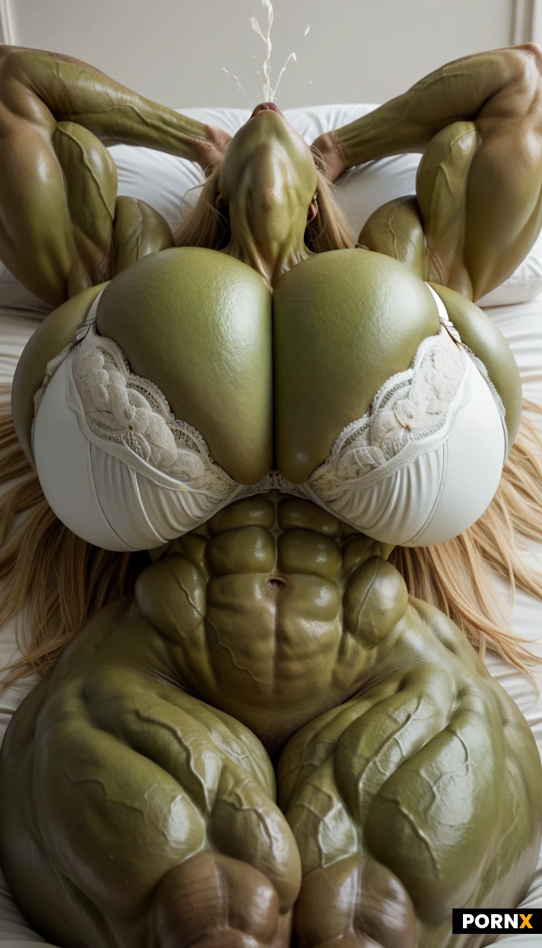 (woman:1.5),(one person:1.8),25 Years old,(green skin:1.9),(huge covered breasts:2.1),(veiny skin:1.3),(thick body:1.3),(thick abs:1.5),(thick muscular legs:1.5),(orgasm face:1.6),Blonde hair,Bangs,Long hair,Straight hair,(tightened white bra:2.0),(leaning back,arched back,hips thrusted upward,hips elevated:1.7),(arms above head:1.2), bedroom, (front view:1.5)