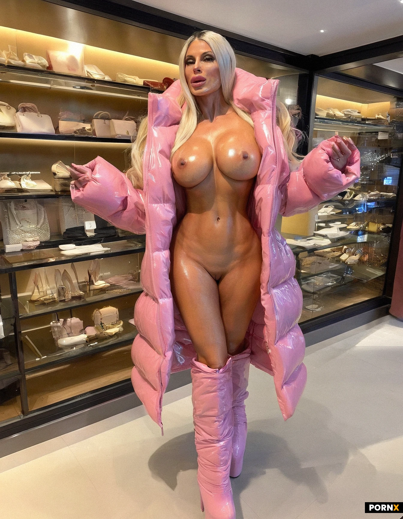 A super rich and luxurious blonde girl. She has an absolut perfect skinny body, perfect big boobs, perfect lips, and a perfect nose. You can tell that she had lots of plastic surgery. She looks like a Bimbo Barbie. She is shopping in a luxury boutique. The luxury boutique only sells glossy puffer coats. Glossy puffer jackets are visible in the background. She is wearing a long pink super glossy pvc puffer coat and shiny luxurious boots. She looks like the most arrogant person in the world. Her shiny pvc puffer coat is open so everyone can see her perfect naked body and her perfect tits