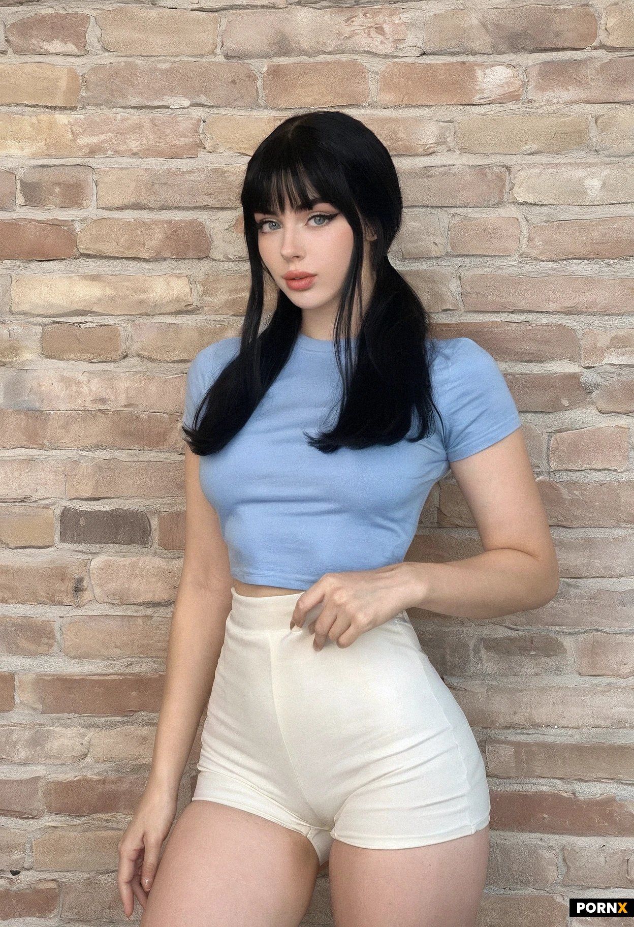 A beautiful white women. 18 years old. Wearing high-waisted white shorts and a light blue t-shirt that is tucked into her shorts. She has smooth alabaster white skin and black hair. Ponytail hairstyle with bangs. Beautiful almond-shaped eyes. Blue eyes. Standing. 1940s.