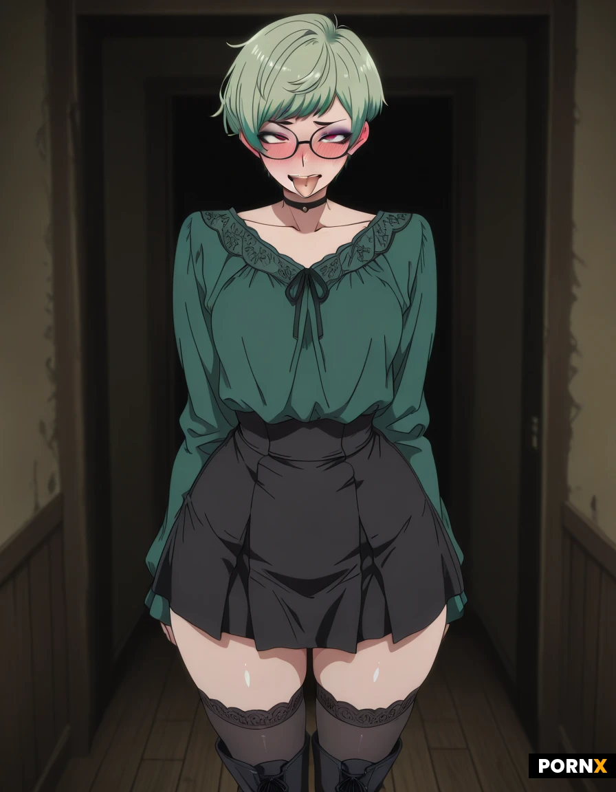 Green hair, curvy build, flat chest, pixie cut hair, blushing, Black glasses, goth makeup, open mouth, tongue out, aheago face, green blouse, black skirt, black thigh high socks, black boots, standing, one person
