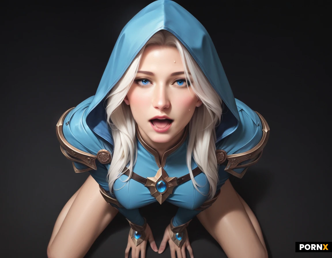 (A woman) long white hair, revealing blue clothes and armour, blue hood, slim wasit, big busty round tits, hourglass figure (big wide blue eyes:1.4) bare legs, (Ultra-realistic) high res, detailed skin texture. sexyleague. realistic Sweat,, cinematic, (black background:1.5). Frostarcher. haughty expression, proud expression, regal (ice arrows) high angle view pov, kneeling, looing up, open mouth