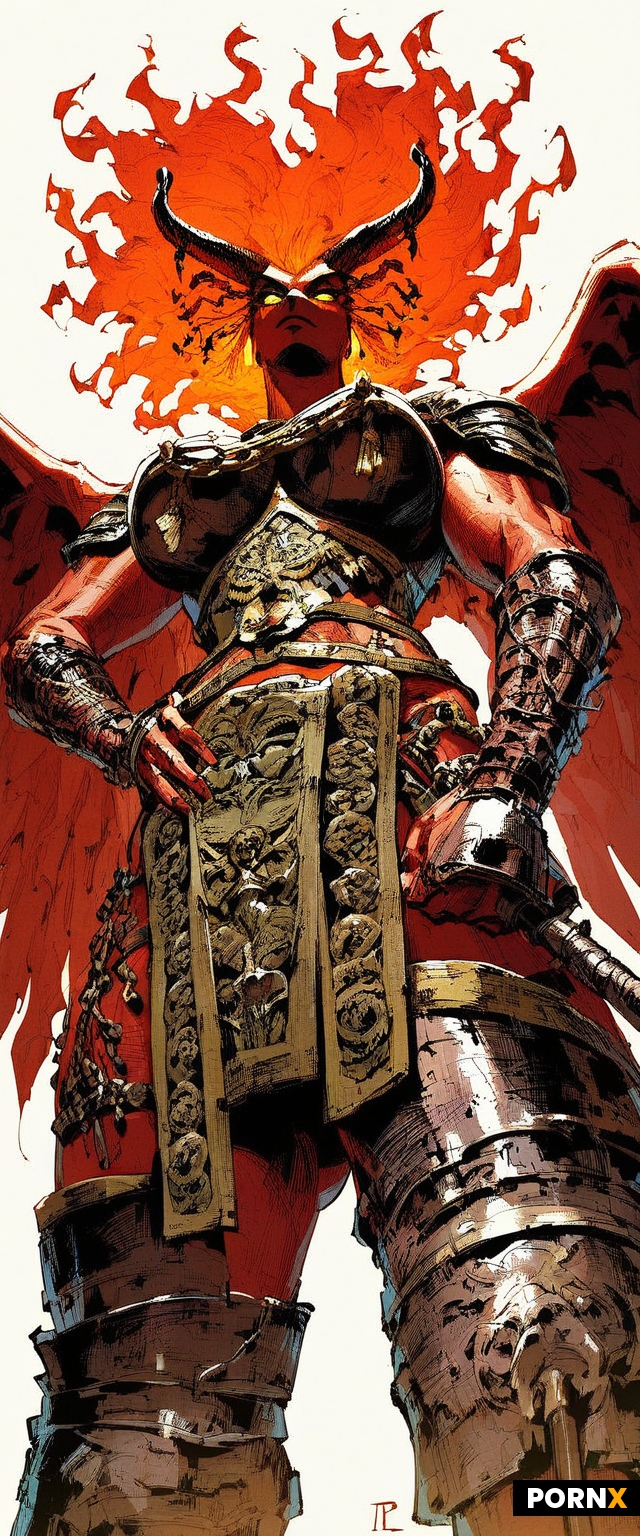 A warrior woman with fiery red hair styled in intricate buns and braids stands defiantly on an ancie