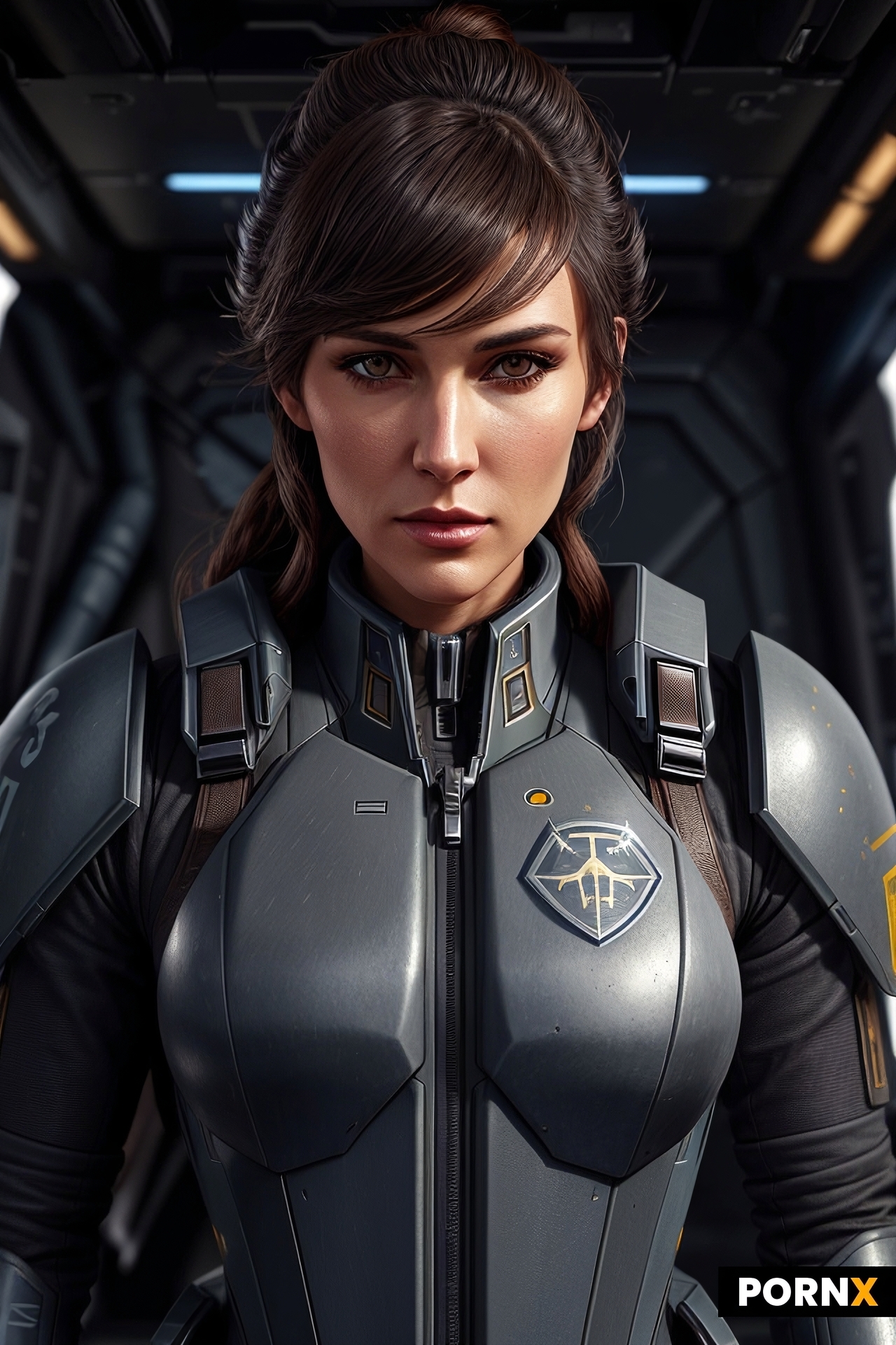 A highly detailed and realistic digital painting of a fierce female Battletech aerospace pilot in he