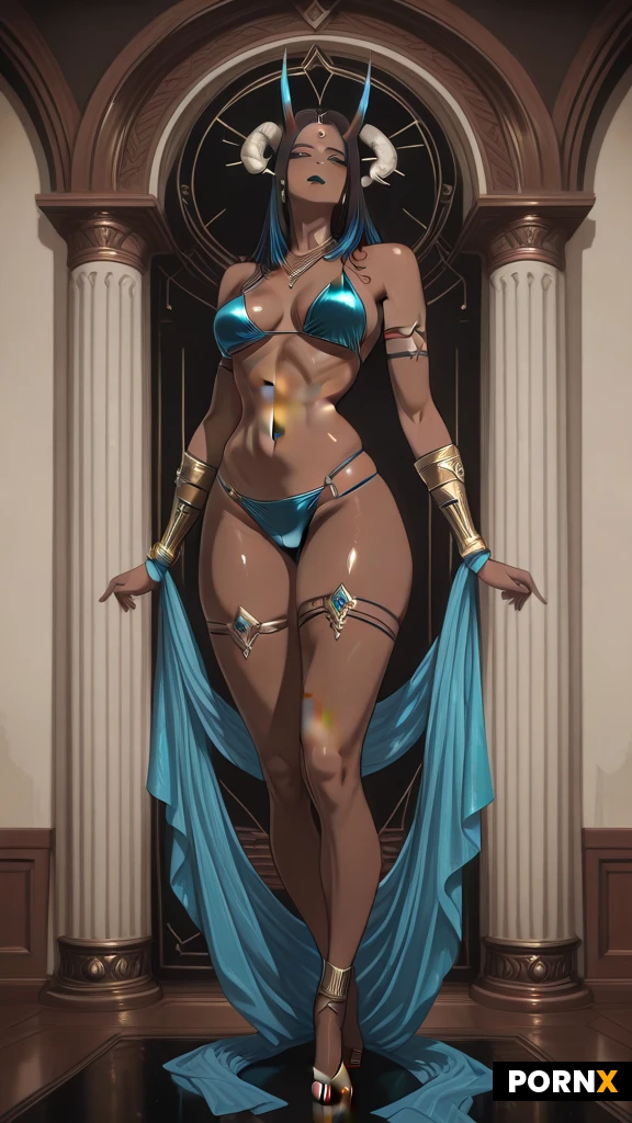 Full-body, head-to-toe portrait of Revian, an adult fantasy woman with rich warm-brown skin, a powerful athletic hourglass build, broad shoulders, defined arms, sculpted abdominal muscles and strong thighs. She has an angular oval face, high cheekbones, almond-shaped luminous blue eyes, a straight nose and full dark lips held slightly parted. Her expression is intense and commanding, chin slightly lowered, looking directly at the camera.
Long, centre-parted black hair falls past her waist in thick, softly flowing layers. Small dark metallic jewellery decorates the centre of her forehead, with a delicate blue gemstone navel piercing and a subtle dark tattoo on her right outer thigh. No head horns.
She wears an opaque muted steel-blue triangle bikini, with fine gold chain connectors and circular fittings at the hips. Her arms hang relaxed beside her body, hands open, wrists and forearms completely bare. No bracers, wrist guards, cuffs or projecting arm ornaments.
Grounded upright stance, feet slightly wider than shoulder width, one foot subtly forward, shoulders square. Polished realistic fantasy CGI, finely textured skin, detailed hair strands, satin fabric, deep sculpted shadows and controlled glossy highlights. Neutral lighting preserves her natural colours. The entire figure and both feet are visible, with space above her head and below her feet.