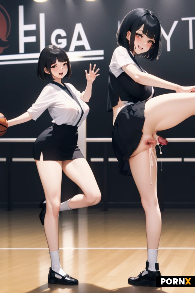 Woman, One, 18 Years old, Japanese, Fit, Big breasts, Large breasts, Medium ass, Cute face, Happy face, Black hair, Bangs, Bobcut, Slicked hair, Brown eye color, Basketball, Mini skirt, Without pants, Cleavege, Full body, Dance pose, Standing