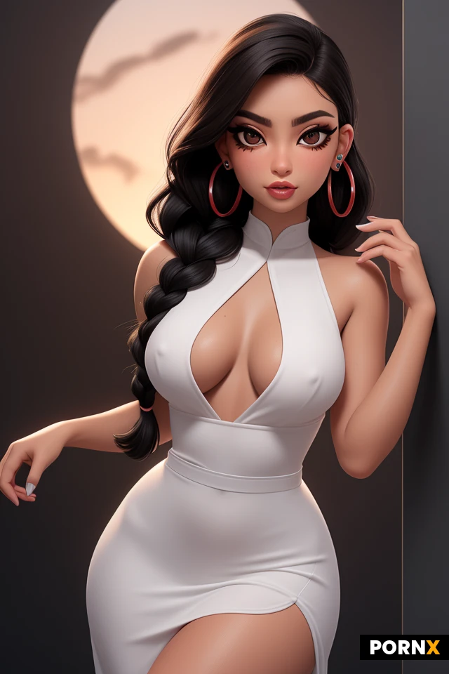 mixed race: latina and Asian, skinny, small breasts, cute round face, thin waist, medium braided black hair, wet skin, dark brown eyes, big eyes, ear piercings, athletic thighs, rounded tiny perky tits, athletic body, red eyeliner, smokey eyes, dark makeup, close-shaved pubic hair, white long evening dress