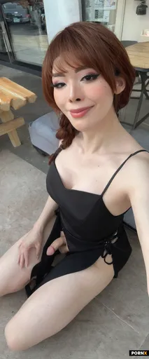 Japanese futanari sitting on cafe floor
