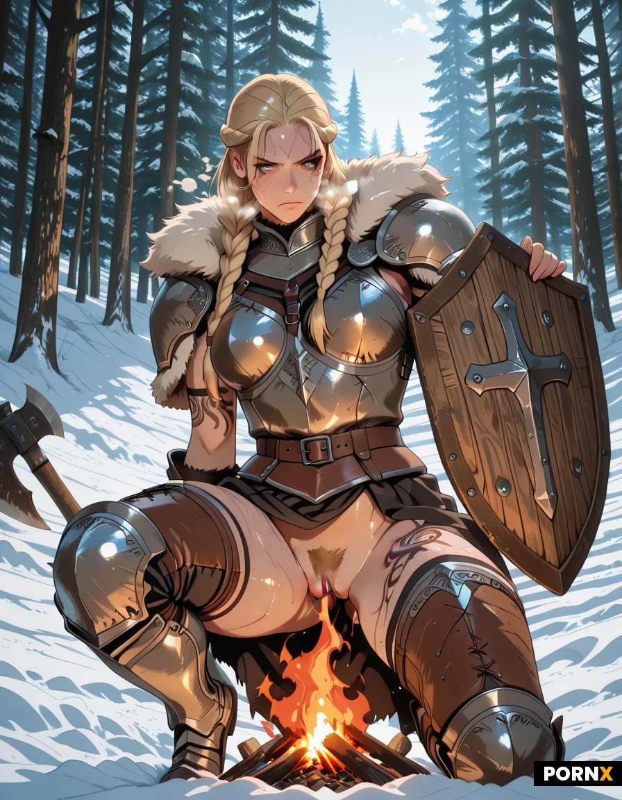 high definition, super realistic, raw pretty Viking berserker maiden, pretty face, blonde braided hair, big and muscular body, intricate Nordic tattoos across her shoulders and chest, viking wooden shield, leather belts, fur-lined leather armor, riveted mail, viking single edged axe, serious and expression, leather and metalchest armor, leg armor, some pussy hair, cowgirl position, vaginal penetration, armored viking man, long cocks, stretched pussy, she roars loudly with her eyes widely opened, very sweaty body, big muscle ass, many deep scars on thighs and arms, (steam from heave breath in cold weather :1.3), (a large piece of fur on the ground under the mam's body:1.3), background, forest, snow and ice, (camping fire :1.2), sunlight, realistic reflection effect of ice, cinematic light, detailed armor, detailed on face, detailed on eyes,