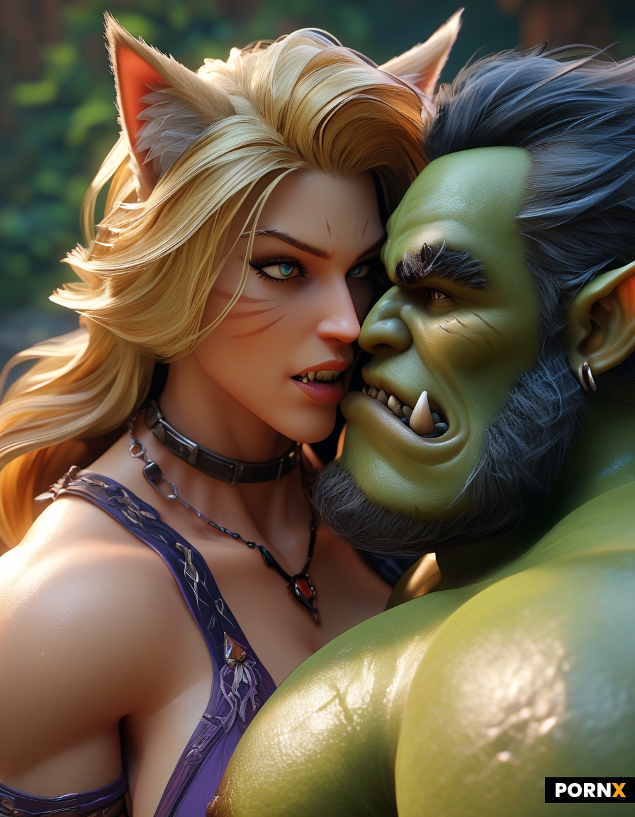 Blonde catgirl being fucked by a muscular orc man