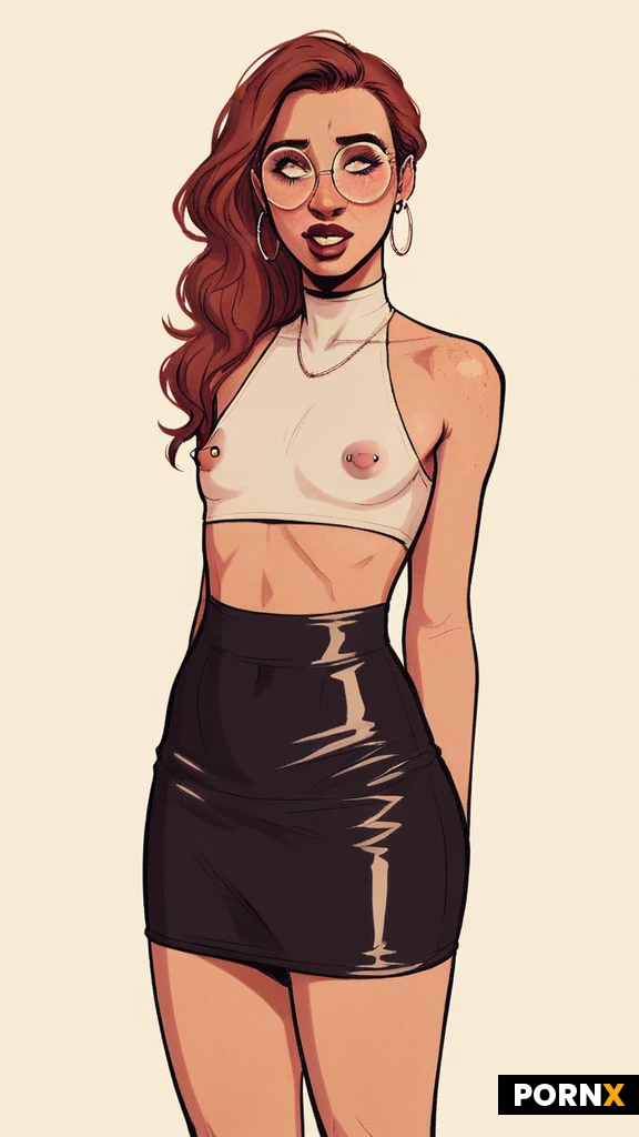 One futa bimbo girlfriend, 21 years old, skimpy clothes, elfin face, (detailed face and eyes:1.2), pale skin, tight white sleeveless crop top, black leather skirt, pink bob haircut, large round glasses, freckles, blushing, ahegao expression, huge dick in peaking out under short skirt, flat chested, pierced nipples