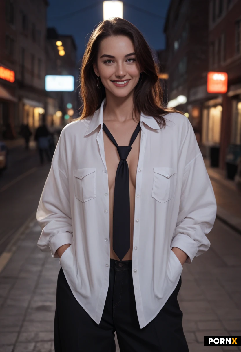 masterpiece, best quality, highres, absurdres, 1girl, solo, adult, long_hair, blue_eyes, baggy_oversized_clothing, suit, tie, oversized_shirt, baggy_pants, masculine_style, standing, hands_in_pockets, casual_pose, looking_at_viewer, smiling, confident, urban_rooftop, night, cinematic_lighting, close_up, depth_of_field
