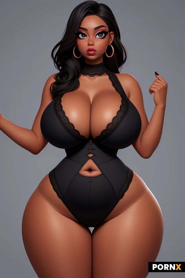 woman, black skin, lots of makeup, thick black eyeliner, thick lips, earrings, mature, (thick thighs:1.2), (curvy:1.55), (thick:1.25), (voluptuous:1.25), (huge boobs:1.35), tight, firm, perky, (wide hips:1.5), (narrow waist:1.3), big colorful eyes, lipstick, pouting, lace, portrait