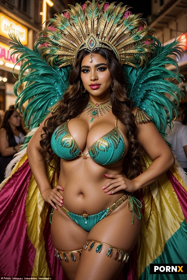 Realistic full-body image of a 25-year-old Latina woman with striking carnival look