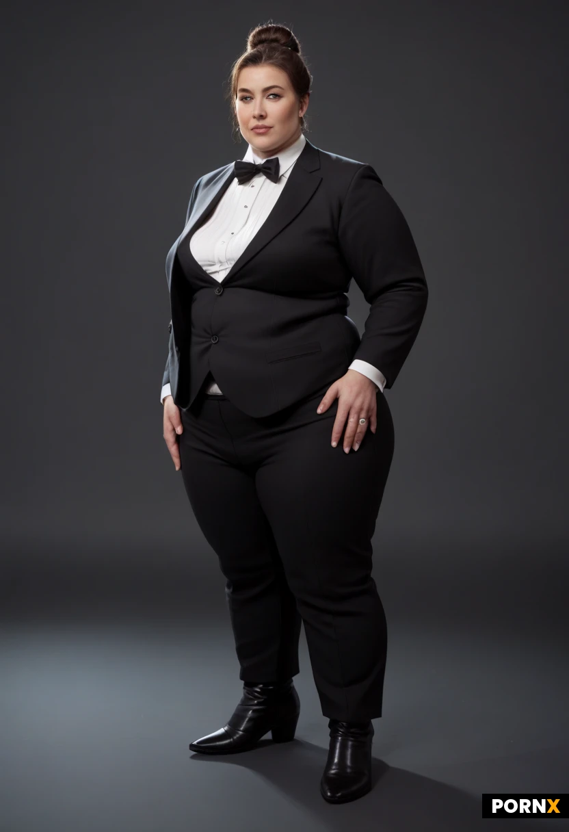 masterpiece, best quality, highres, absurdres, 1girl, solo, fat, obese, overweight, hair_up, high_bun, tuxedo, formal_suit, boots, full_body, standing, looking_at_viewer, indoor, soft_lighting