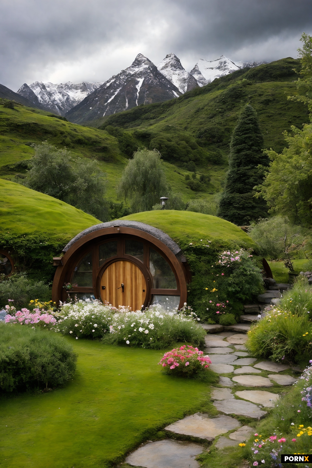 A futuristic sci-fi style hobbit house in the foothills with a big round circular wooden door and ci