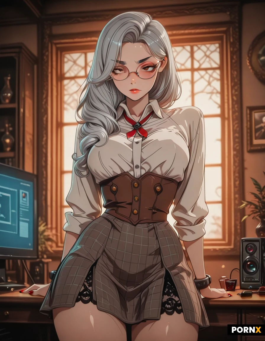 The frame holds one woman from her hair to her upper thighs: a window strip above the hair at the top edge, the bottom edge across both upper thighs under the skirt hem, her lowered arm and full hand inside the left edge, her bent arm inside the right edge. She stands slightly turned toward the camera, fingers with red nails on the open collar at the right side of the frame, the other arm down at her side on the left side of the frame, that hand fully visible with red nails. She is alone in the frame. Round thin metal glasses, dark arched brows, a straight nose, glossy lips slightly parted, smooth skin, eyes on the camera. Long silver hair, a clear forehead, a center part, hair past the shoulders. Full bust, heavy teardrop shape, a soft lower curve, not spherical, the brown bodice filled by the bust, floral lace pulled outward on both cups. The waist is narrower than the bust, an inward curve at the sides. Open chocolate-brown blazer, three cuff buttons on the sleeve at the right side of the frame, an open white collar, one button at the waist, a tight brown beige and gray plaid mini skirt. An office with large grid windows behind her, a desk and a dark monitor at the lower left. Daylight from the windows behind her and to the right. A medium portrait, she is sharp, the windows behind her softly blurred.