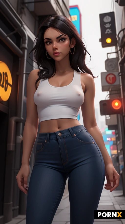 Woman, Latina, 30 years old, angled view, Portrait View, dark hair, long wild hair, caramel skin, tanned skin, neon lights, (cyberpunk), alley, fit Body, (naked), perfect face, medium breasts, small nipples, wide hips, thick thighs, night, (legs spread wide), white tank top, leather jacket, jeans,