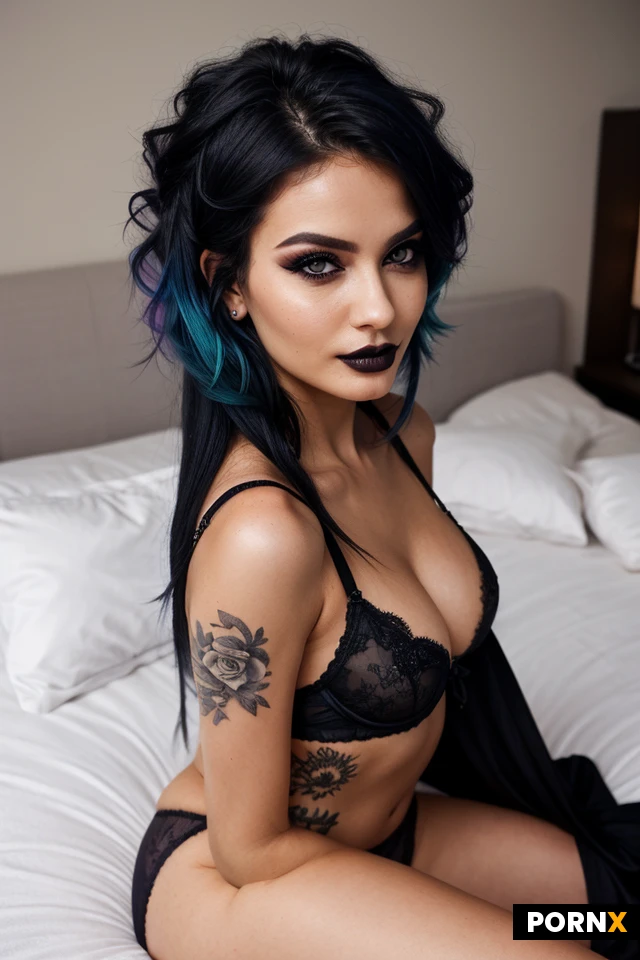 Skinny hot goth. Dark makeup. Woman, 28 Years old, Native American, Fit, Piercings, Classic tattoos, Small breasts, Rounded breasts, Small ass, Rounded ass, Skinny thighs, Makeup, Seductive smirk, Small nose, Sharp nose, Beauty face, Horny face, Cute face, Gradient hair, Multicolor hair, Black to blue hair, feathers in hair, Kinky hair, Messy hair, Long hair, Grey eye color. Feathers in her hair. Dark eye shadow. Laying on bed, evening. Black underwear.