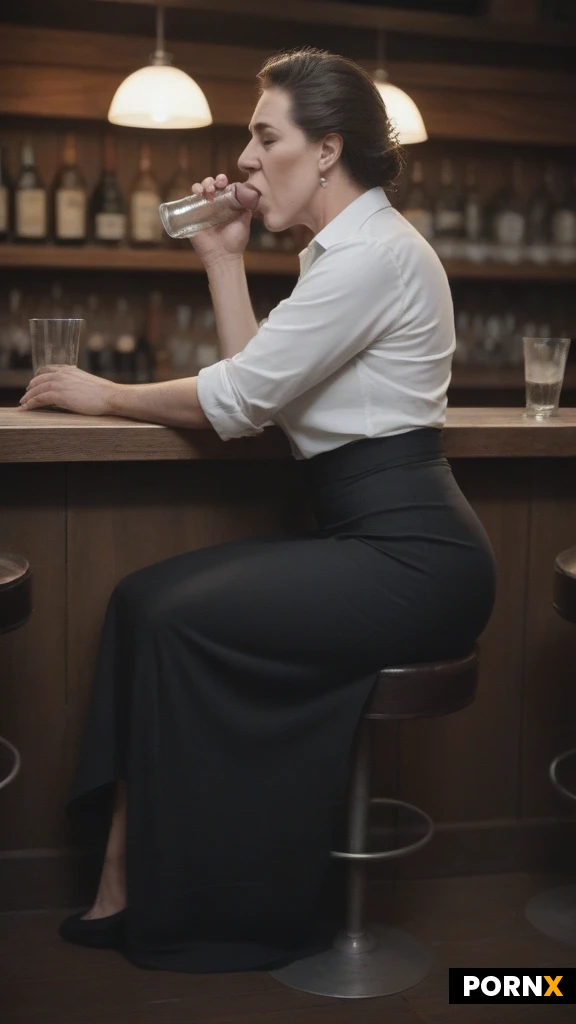 Marguerite is sucking a mans dick. A man sitting on the bar is getting his dick sucked by Margurite. Marguerite is giving a man a blowjob. Marguerite is standing and bent down giving her boyfriend a blowjob while her shirt is open exposing cleavage. Full body side view. Marguerite — late 30s, about 5'6", solid soft-strong build (full medium chest, soft waist, thick thighs, round butt strong arms from hauling trays). Dark hair slicked back with a silver-gray streak at the front; heart-shaped face, strong cheekbones, faint lines at the eyes, a gold canine tooth that flashes when she smiles, dark lip. Mature/Sophisticated with an edge — gritty, lived-in, real-bar presence rather than glamour; photogenic precisely because she's not polished. Bartender look: black waistcoat, rolled white shirt, black skirt. Marguerite is standing up and bent down giving her boyfriend a blowjob while her shirt is open exposing cleavage. Marguerite is sucking a mans dick. A man sitting on the bar is getting his dick sucked by Margurite. Marguerite is giving a man a blowjob