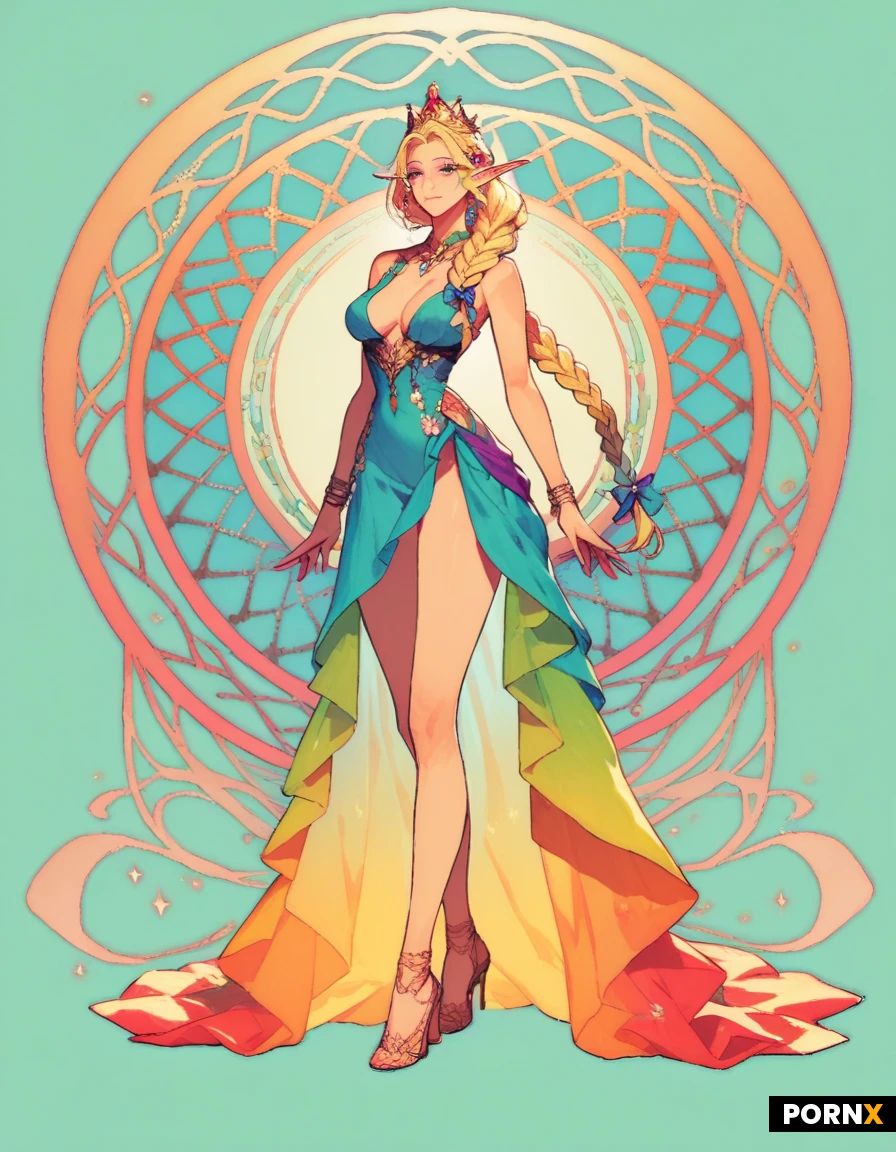 Woman, elf, elf queen, crown, blonde, braided hair, big round perky tits, small waist, stiletto heels, transparent dress
Full body portrait, high detail, anime art style, elegant bedroom background
